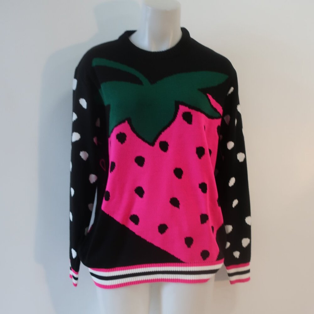 NWI Womens The Tellier (Item- 305) Black Pink Strawberry Crew Neck Sweater L